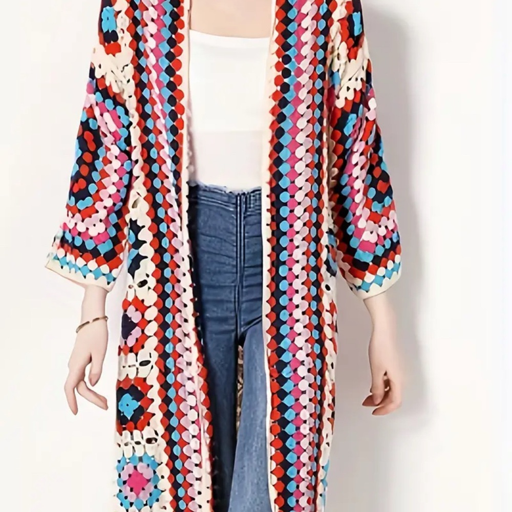 Colorful Crochet Long Length Sweater in Cream or Black - Picture 9 of 10